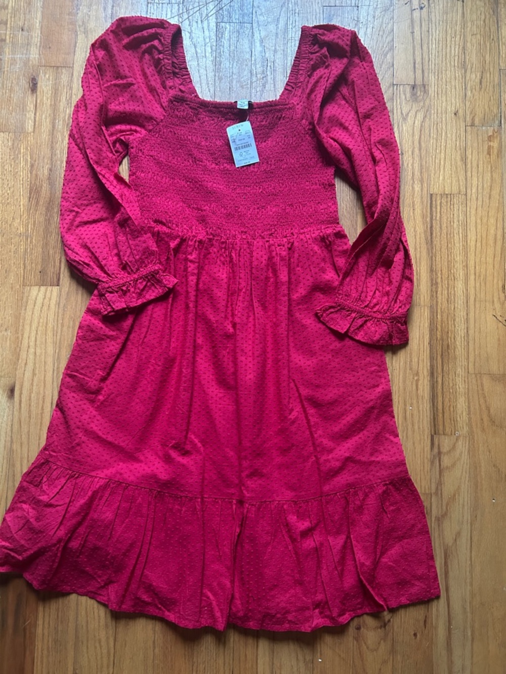 J. Crew Factory Red Clip-dot Smocked Square-Neck Puff-Sleeve Dress